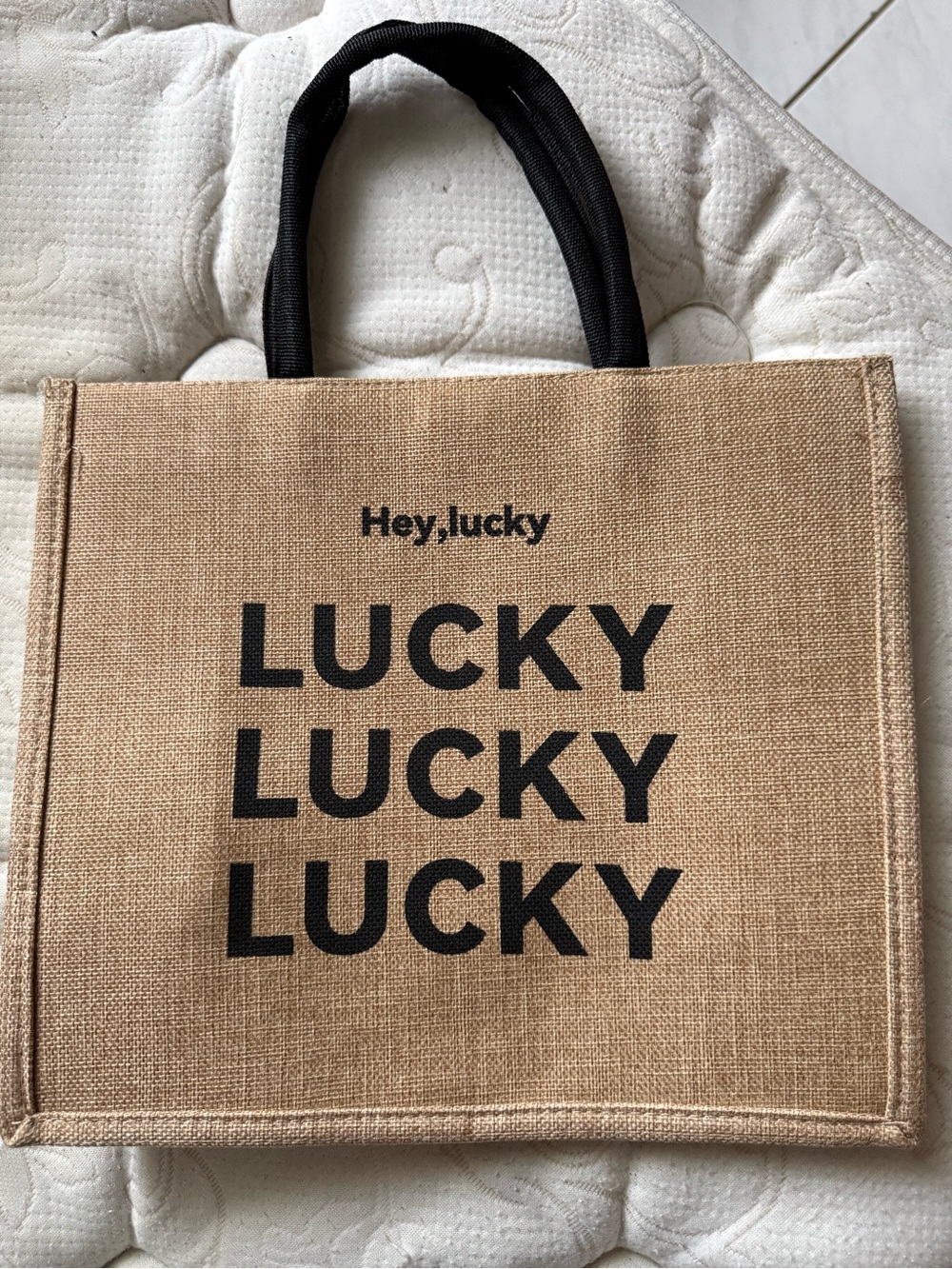 Lucky Brand Natural Jute Tote with Black Print and Handles